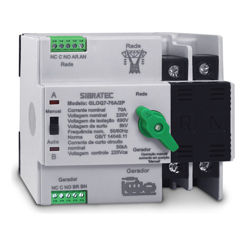 Chave De Transferência Automática Bipolar 2 pólos Rede/Gerador 70A GLOQ7-70 C/Carga p/Apartamentos