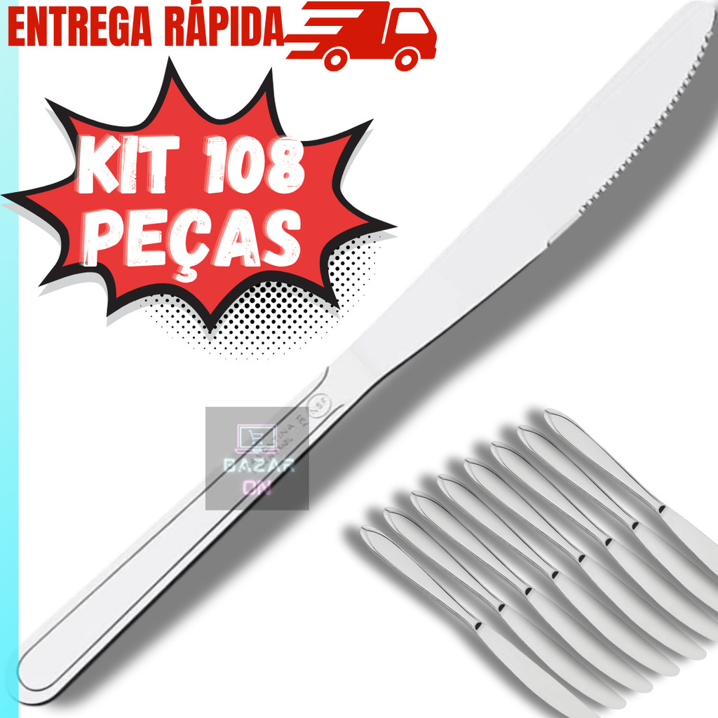 Kit Jogo 108 Facas Mesa Churrasco Aço Inox Com Serra Ponta Conjunto Jantar Almoço Restaurante Hotel