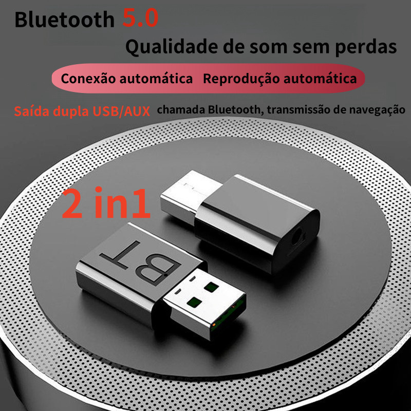 AUX 2 em 1 USB Bluetooth 5.0 + EDR Receptor Transmissor Carro Bluetooth portátil sem fio TV PC Áudio 3,5 mm