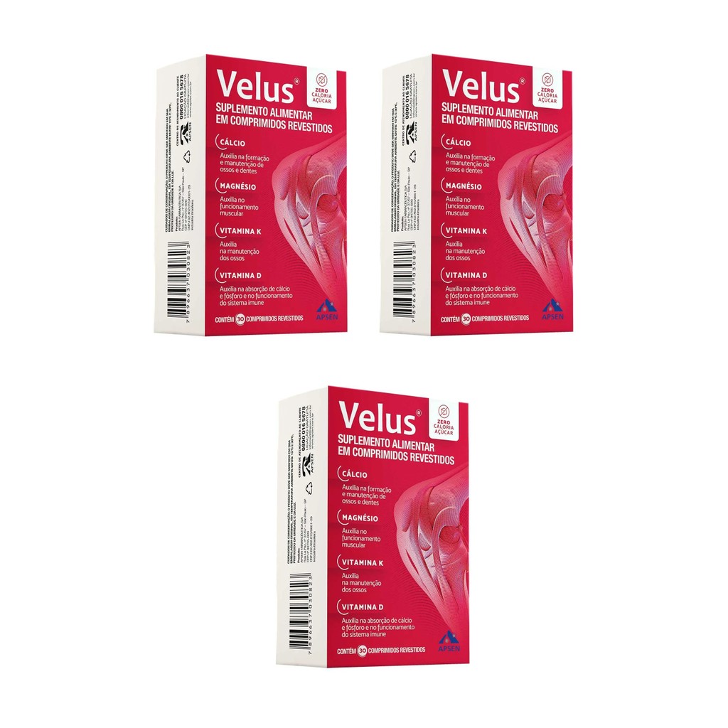 Kit 3 Suplemento Apsen Velus Cálcio Magnésio Vitamina K 30cp