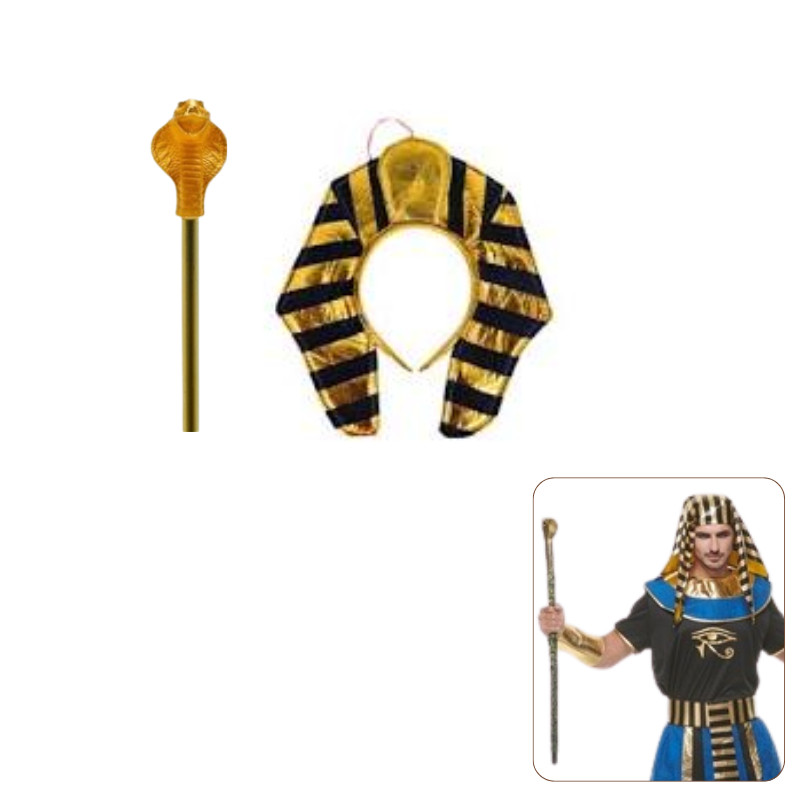 Kit Fantasia, Tiara Faraó e Cetro Estilizado Cobra, Fantasia de Faraó, Cleópatra do Egito - Adulto