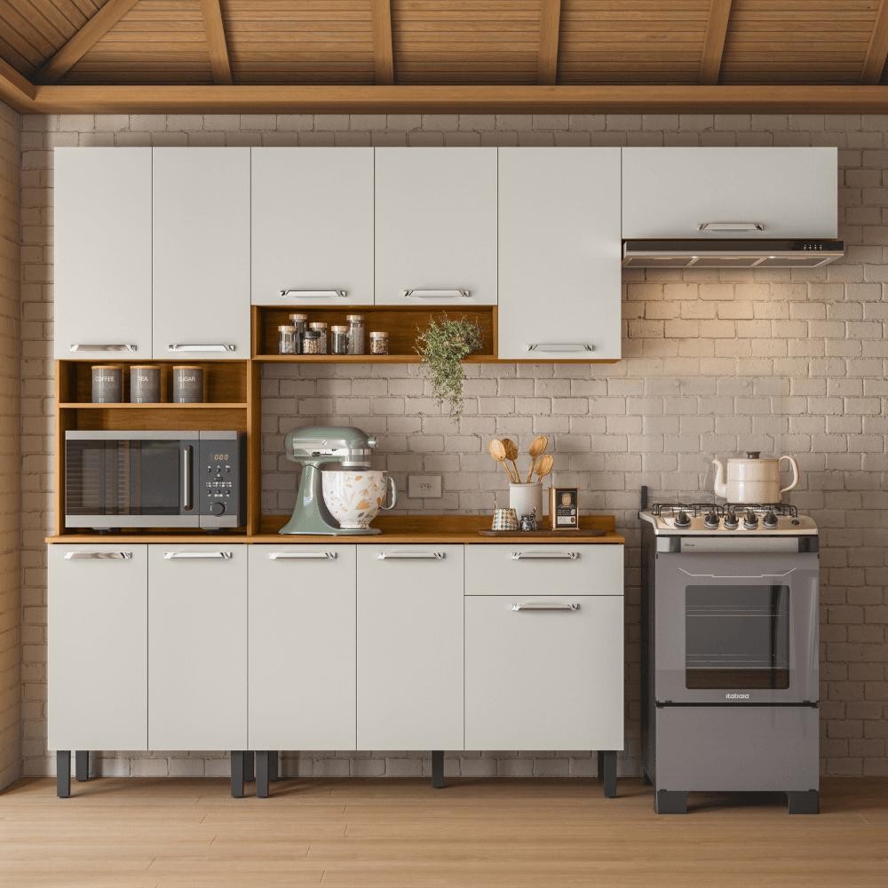 Armário de Cozinha Completa 254cm Vegas Off White Madeira Itatiaia