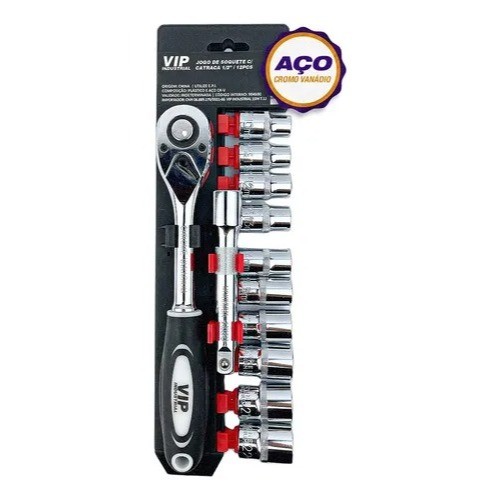 Chave Catraca com Soquetes 1/2-Jogo 12 Peças VIP Industrial para Manutenção e Reparos