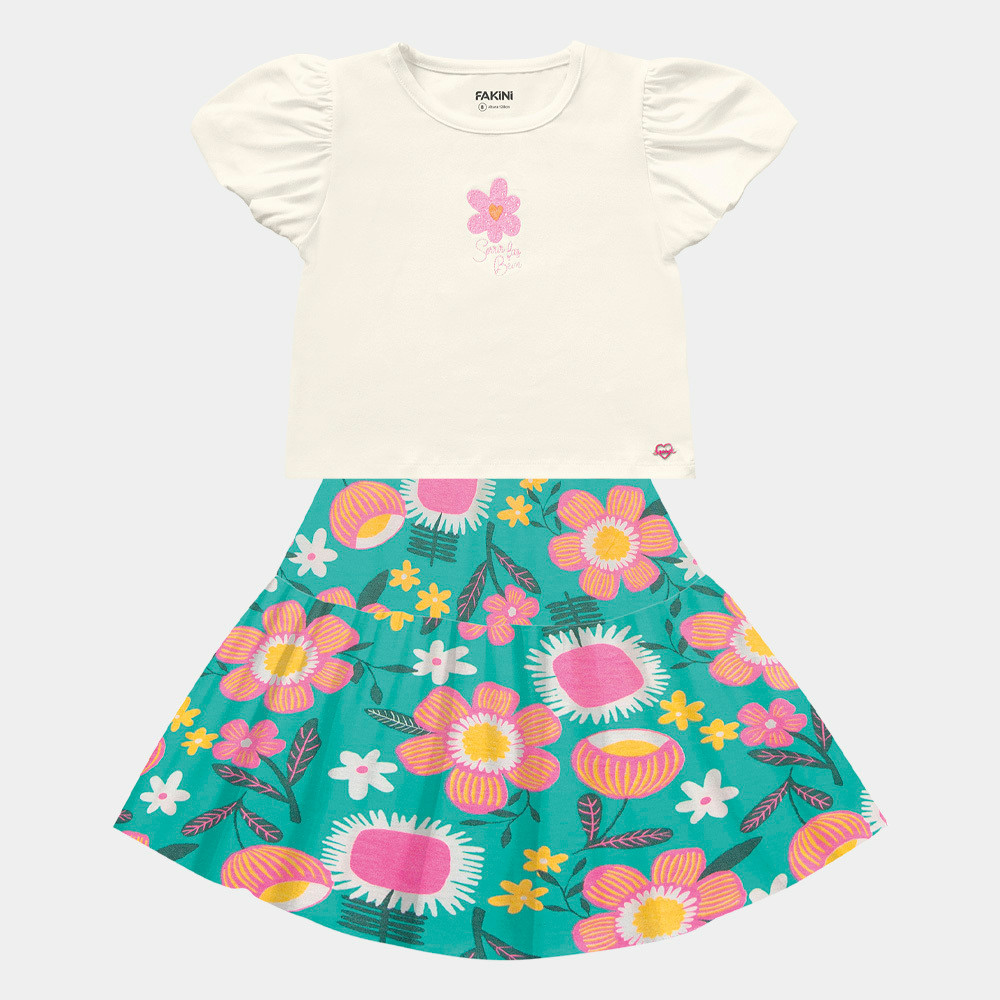 Conjunto Infantil Blusa Malha e Saia Floral Malha Fakini