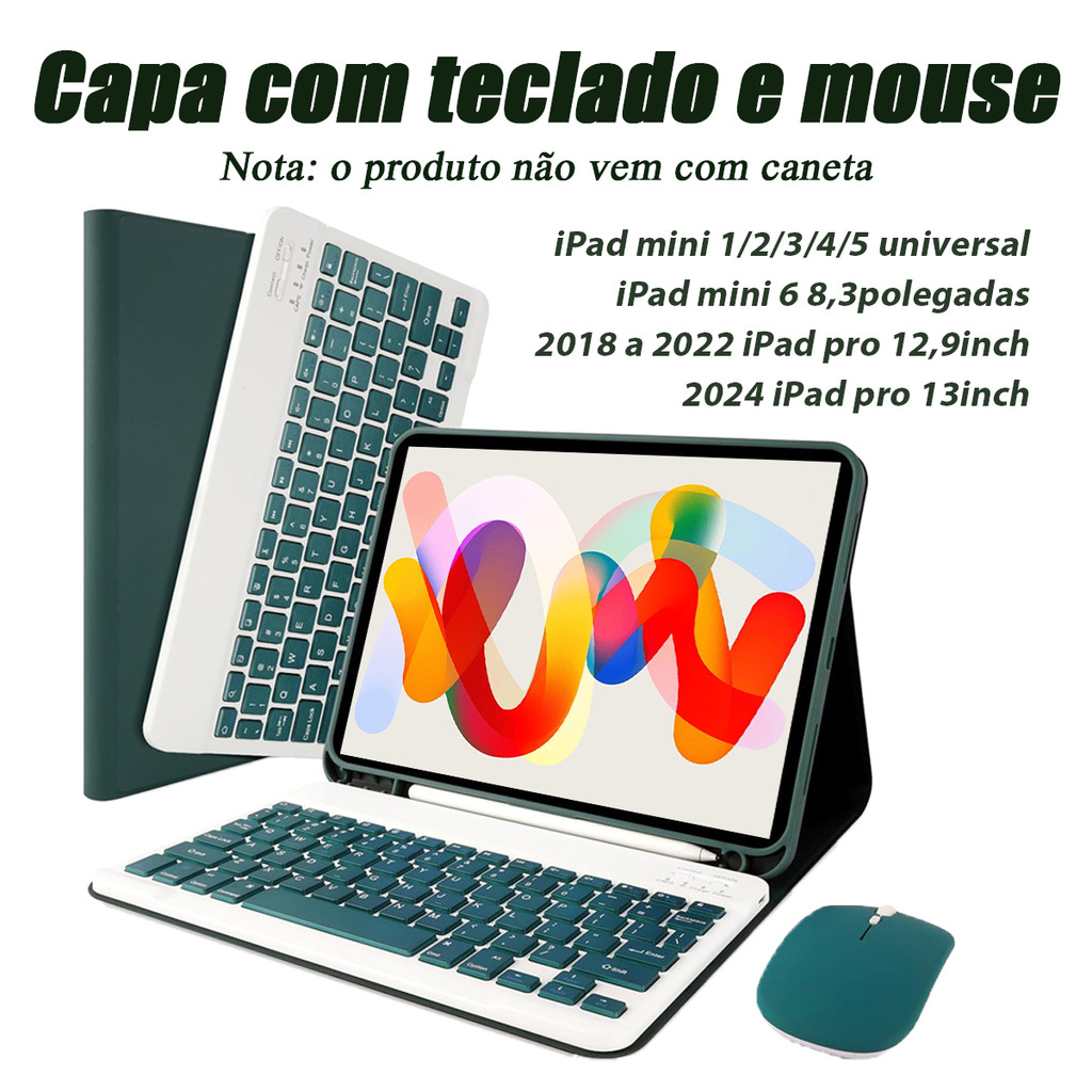 Capa com Teclado e mouse Para iPad mini 1/2/3/4/5/6, 2018 a 2022 iPad pro 12,9in