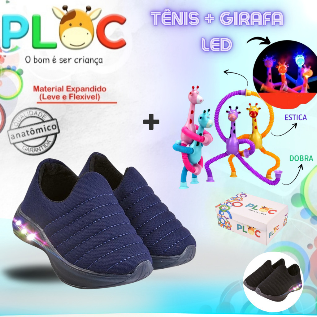 Kit Divertido Ploc LED - Tênis LED + Girafa Ploc LED Estica e Puxa MARINHO MENINO