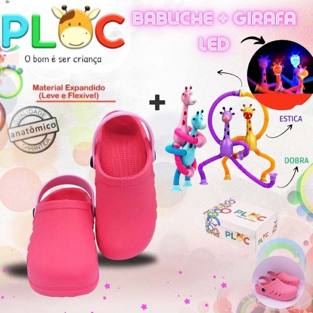 Kit Divertido Ploc - Babuche Pink + Girafa Ploc LED Estica e Puxa MENINA