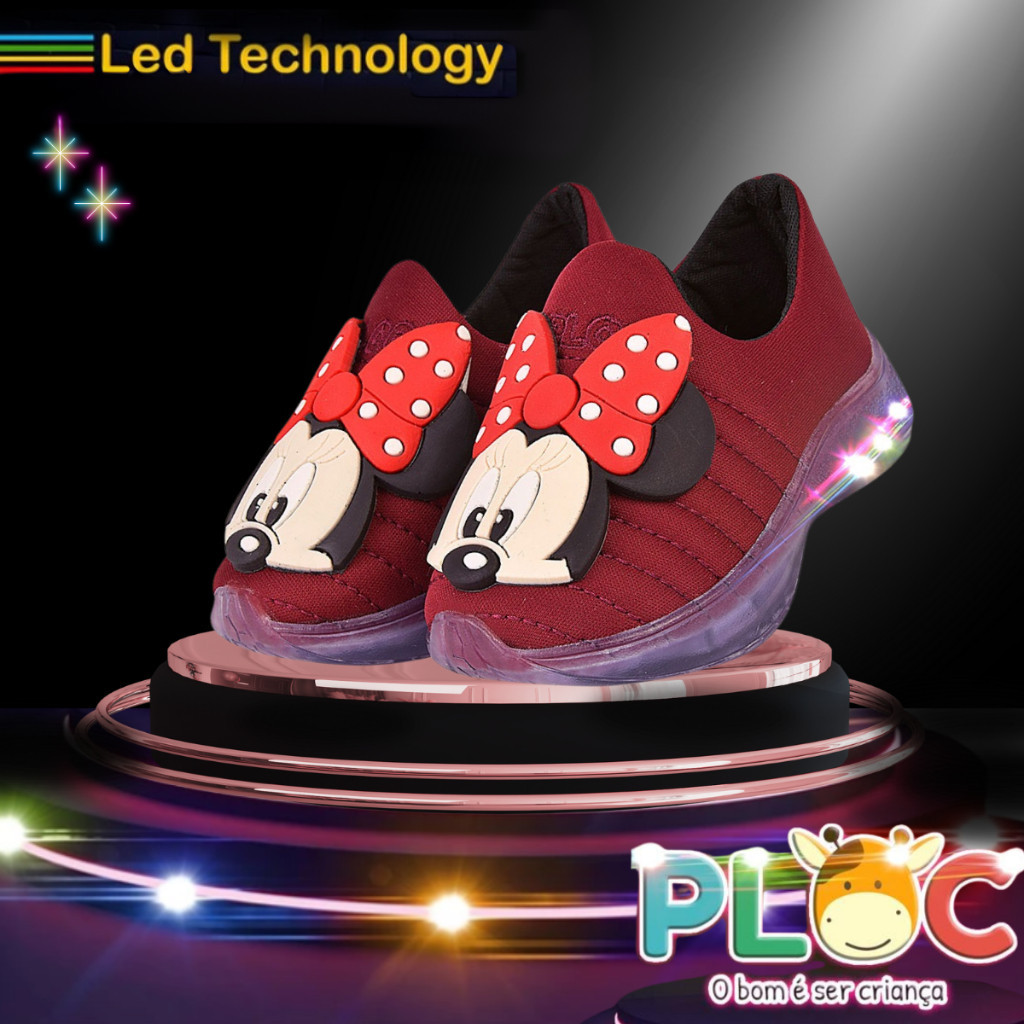 Tênis Led Infantil Luzinha Menina Calce Fácil Anatômico PLOC LED01 - MARSALA MINNIE POÁ VERMELHO