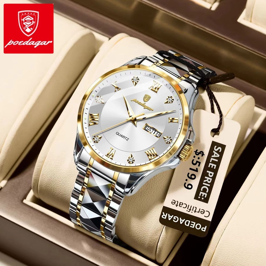 Relógio POEDAGAR , Masculino De Quartzo De Aço Inoxidável Com Data Luminosa À Prova D'água Militar Elegante