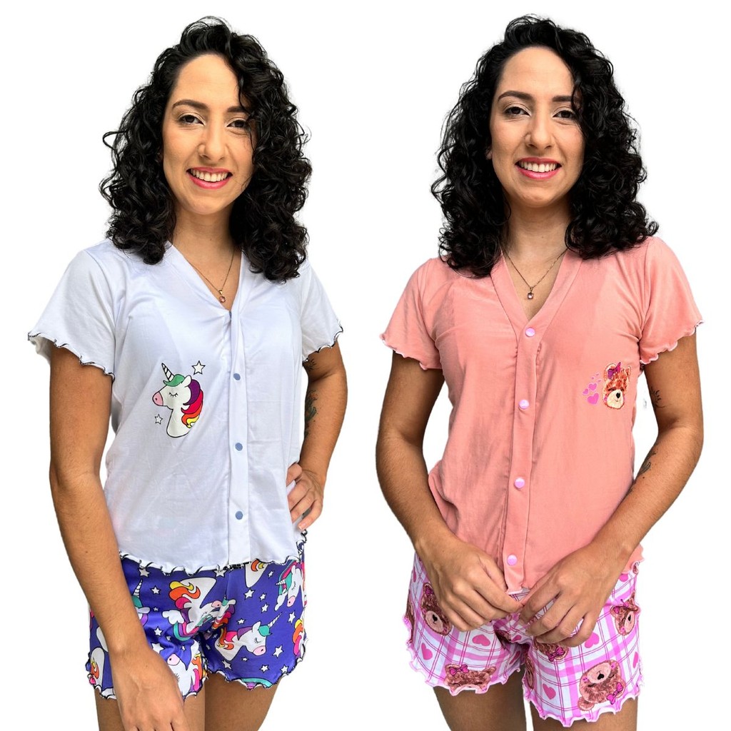 Kit 2 Short Doll Suede Estampados Roupa Feminina Pijama Short Blusa Baby Doll Dormir Corforto