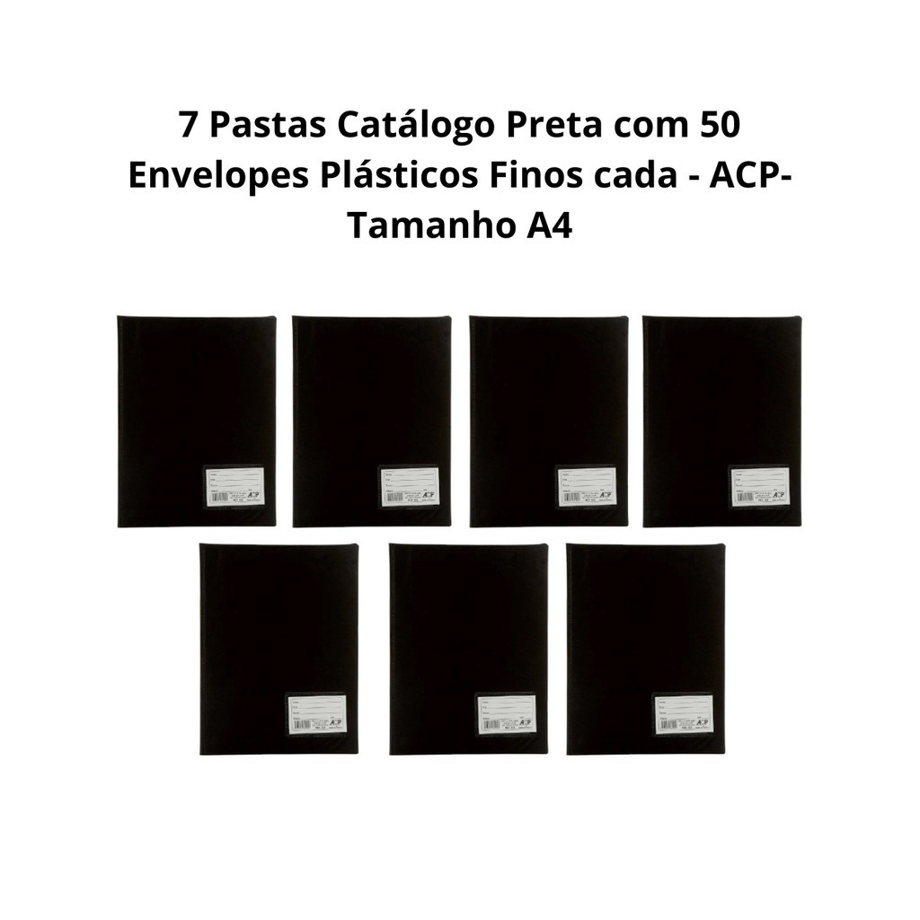 7 Pastas Catálogo Preta ACP com 50 Envelopes Plásticos Finos cada - Tamanho A4