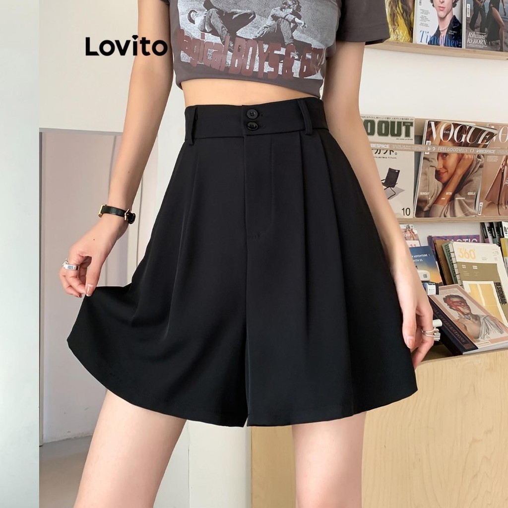 Lovito Short casual com botão liso para mulheres LNE77388 - Women Clothes