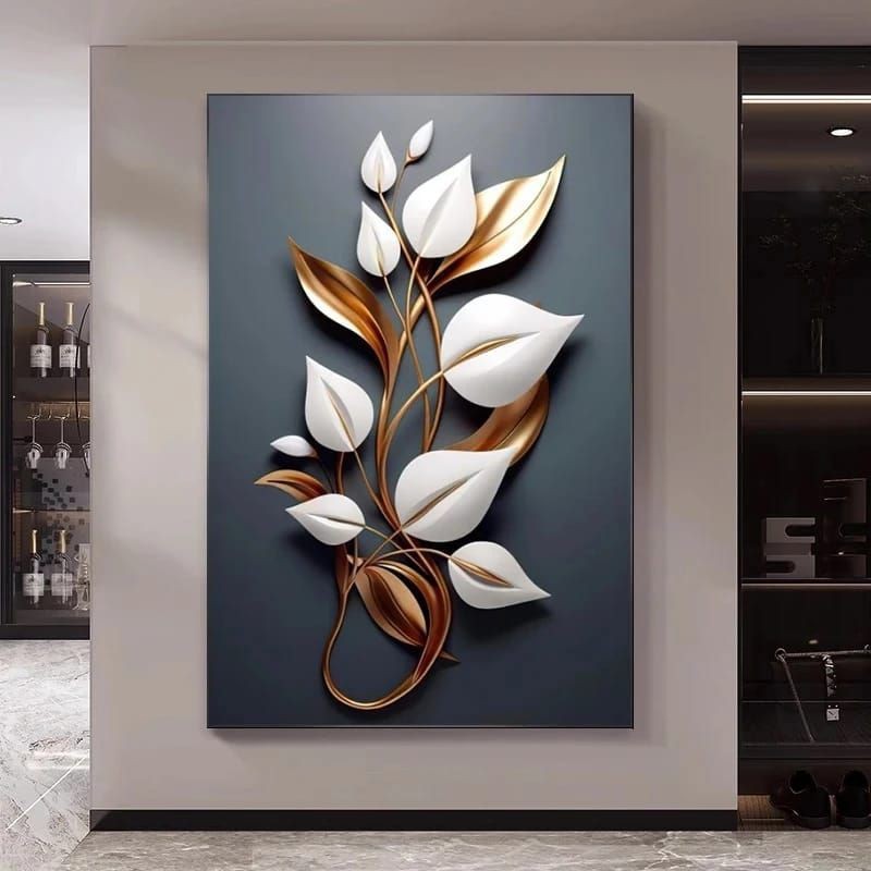 Quadro Decorativo Luxo Flores Branca e Dourada Sala Quarto