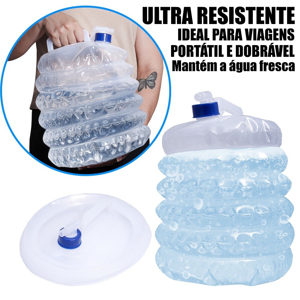 Galão de Água 10L Dobrável Ultra Resistente Com Torneira Abre e Fecha e Selamento Hérmético Controle de Pressão Camping