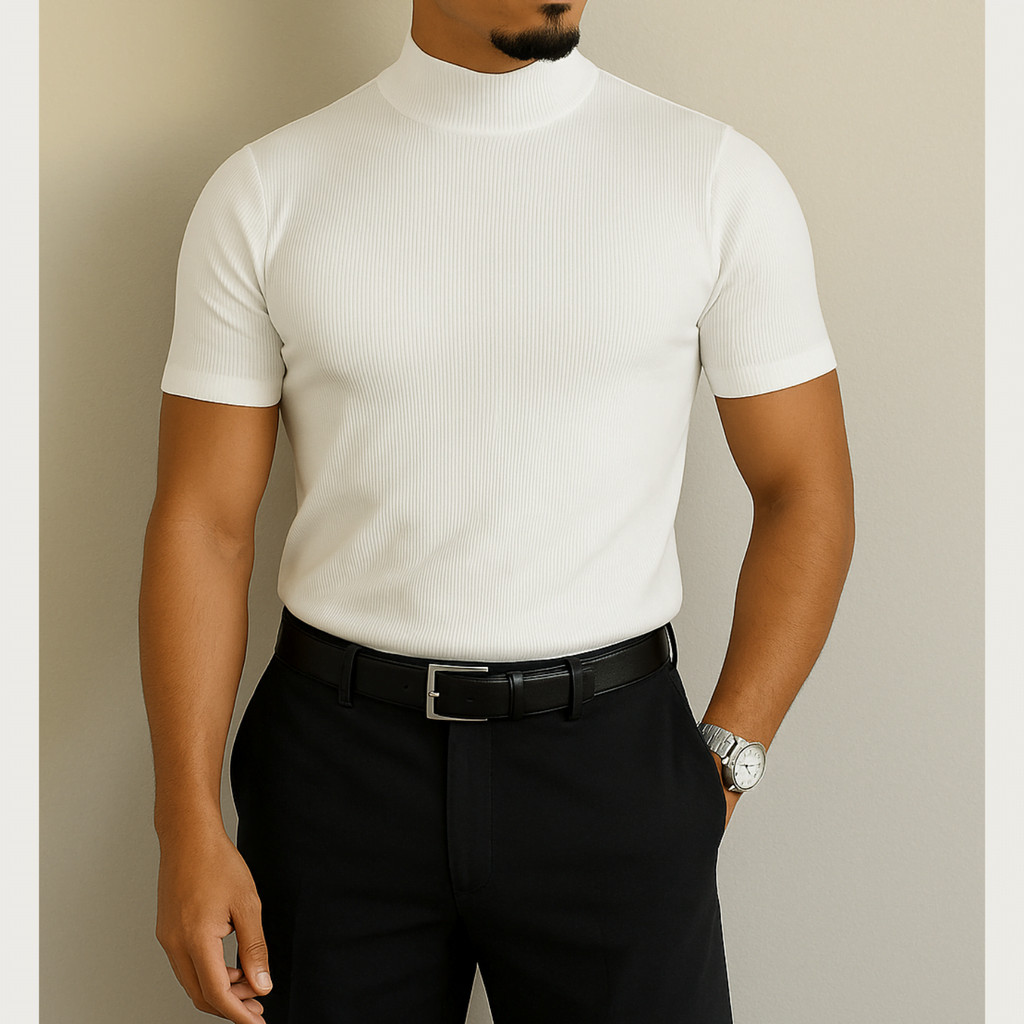 Camiseta Masculina Canelada Gola Alta Algodão Cacharel Esporte Fino Old Money frio moda inverno