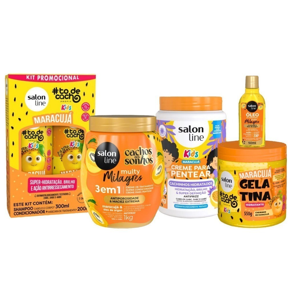 Kit Salon Line Kids Maracujá Shampoo e Condicionador + Creme Pentear + Gelatina + Óleo + Tratamento