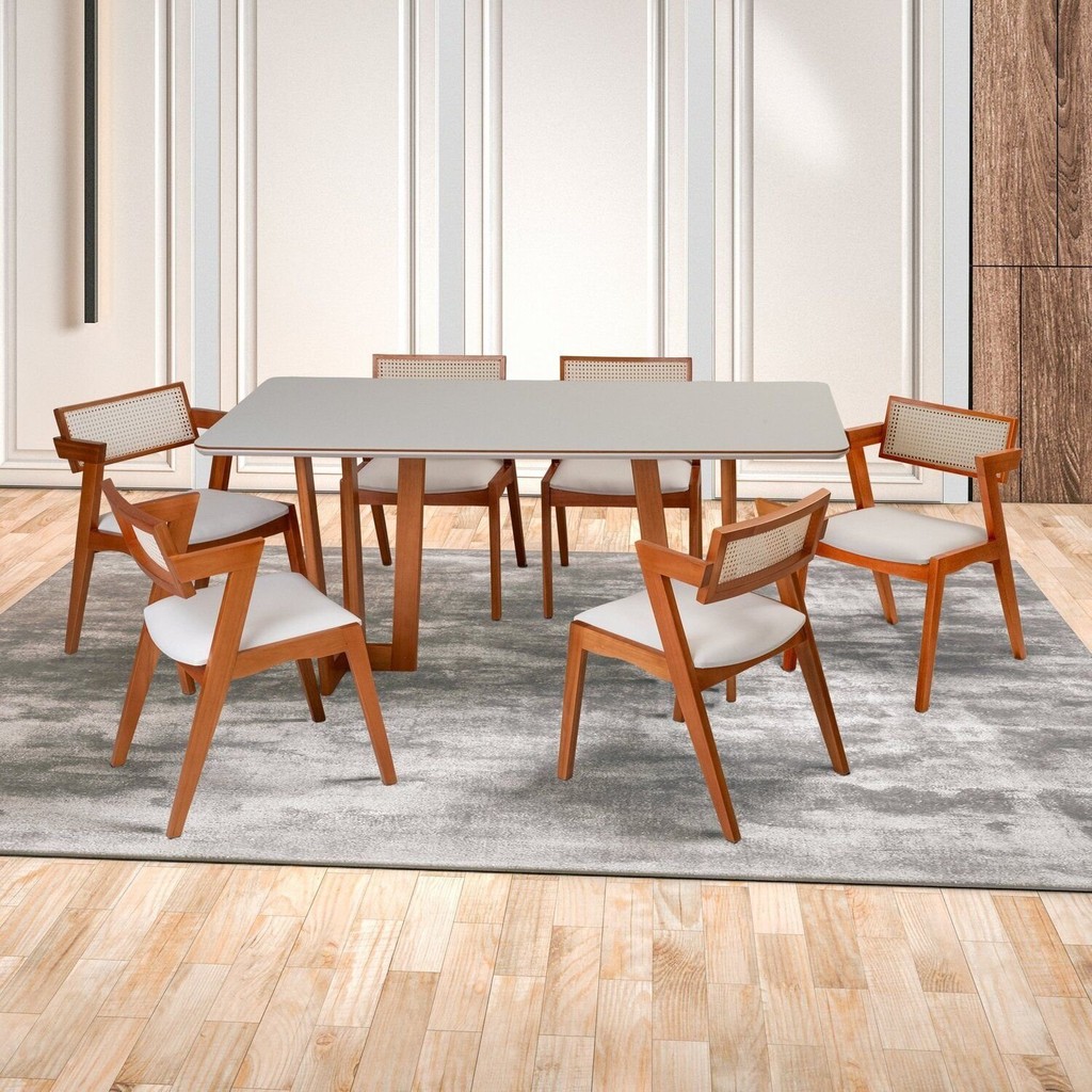 Conjunto Mesa Grécia com 6 Cadeiras Madeira Maciça, Rattan 100% Natural e Estofada Verona em Oferta na Shopee