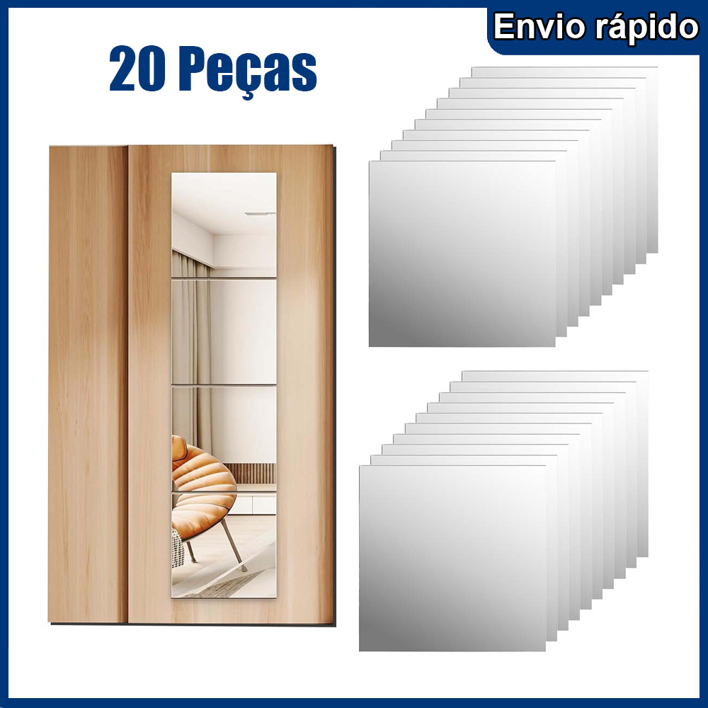 20 Espelhos Decorativo Quadrado Autocolante 20x20cm Banheiro/Sala/ Quarto