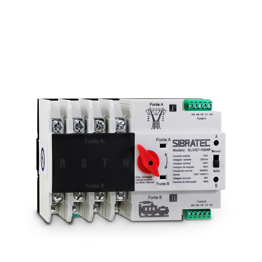 Chave De Transferência Automática Tetrapolar Rede/Gerador 100A GLOQ7-100-4P C/carga - Sibratec
