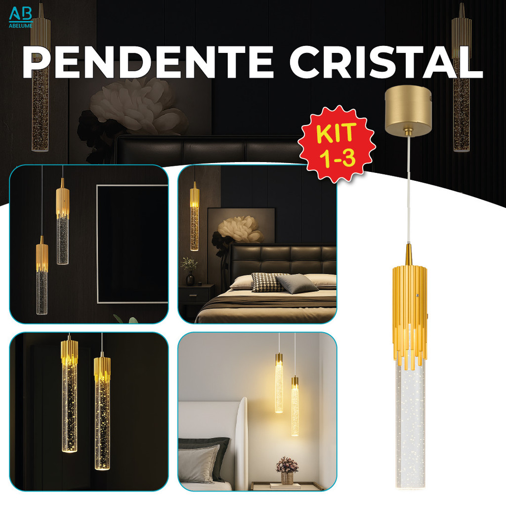 Luminária Pendente Tubo de Cristal Led de Luxo Dourado com Bolha 3 Tons de Luz Bivolt em Oferta na Shopee