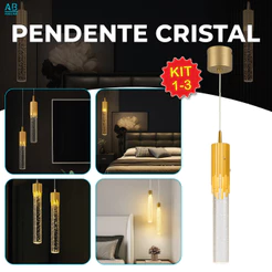 Luminária Pendente Tubo de Cristal Led de Luxo Dourado com Bolha 3 Tons de Luz Bivolt