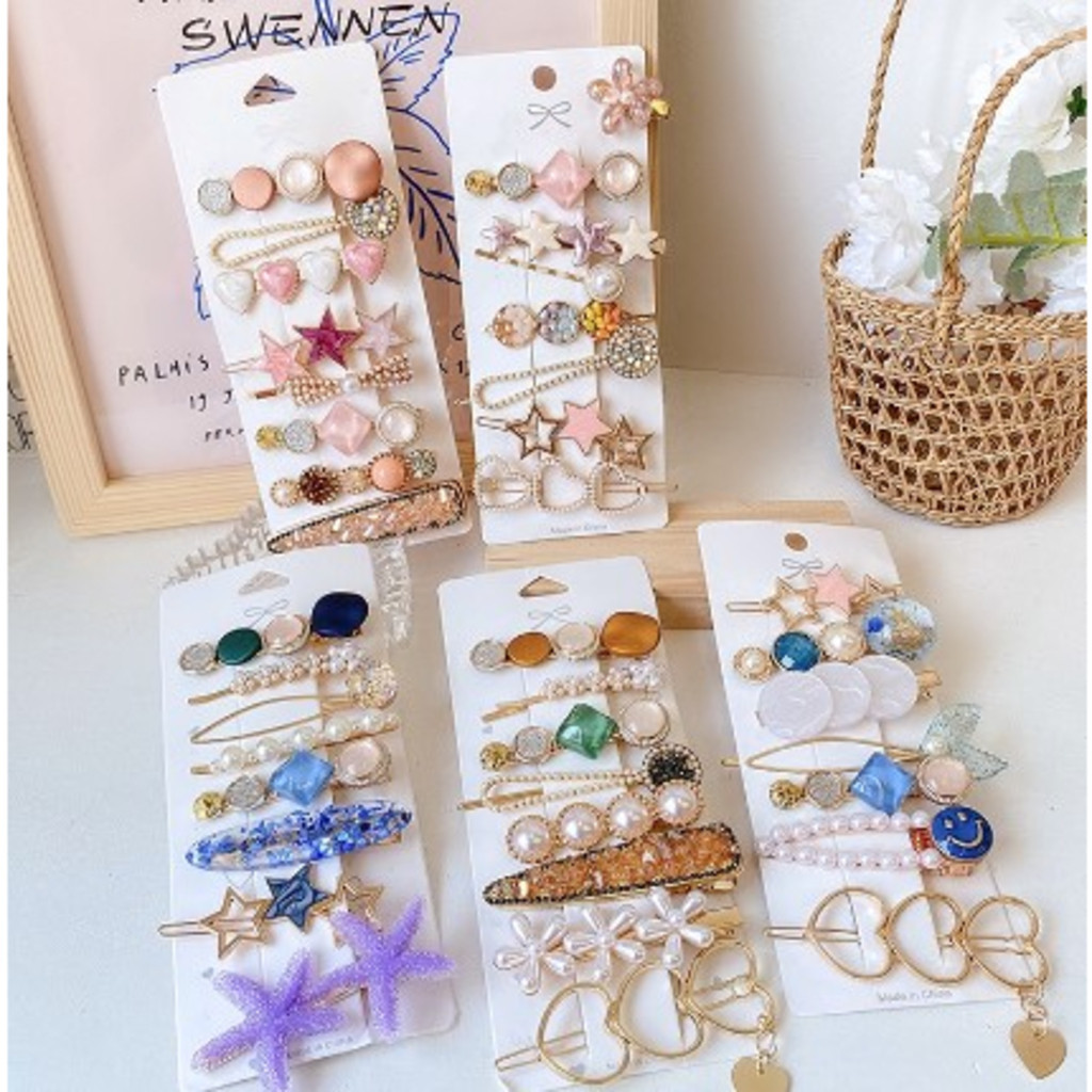 ANA1108 KIT 6Clipe Simples Liu Haibian Palavra Clipe Ins Vermelho Net Pérola De Cristal De Volta Cabeça