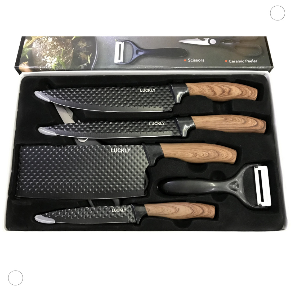 Kit Conjunto Facas de Cozinha 6 Peças com Descascador e Tesoura Chef Premium em Oferta na Shopee
