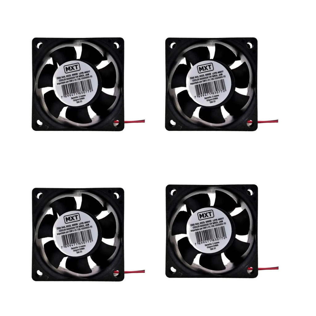 Kit 4 Cooler Ventoinha MXT 60x60x25mm 12V 6800RPM Sem Rolamento