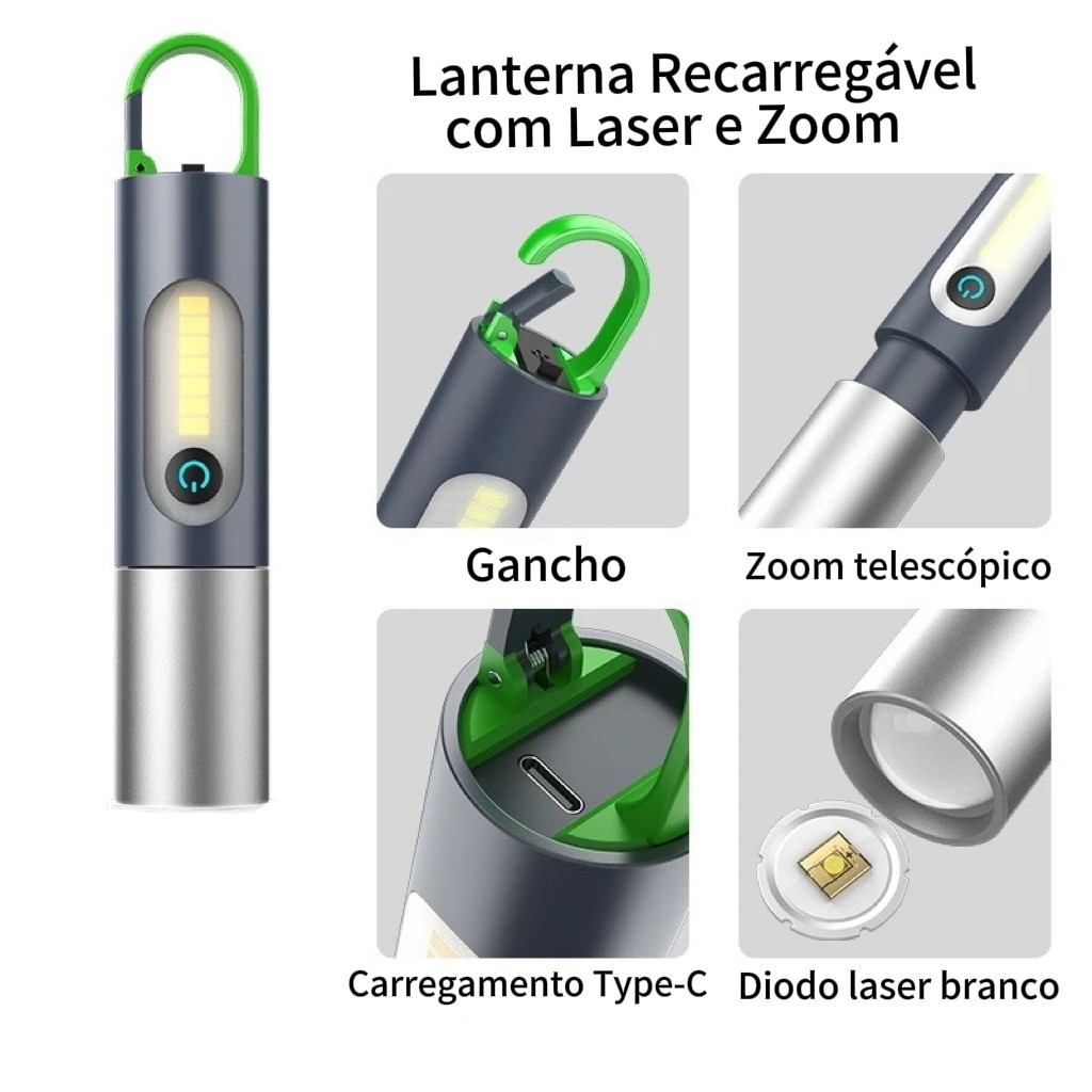 Lanterna Holofote Led Tática Recarregável Tipo-C Com Espelho Lanterna Profissional USB Ligas de Alumínio | 6h Autonomia