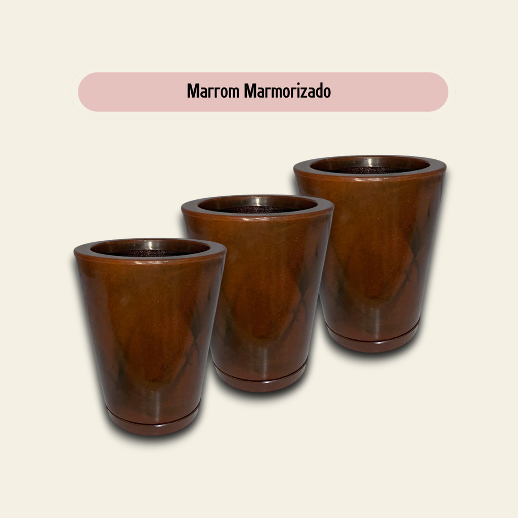 Kit 3 Vasos Decorativo para Planta Flor Moderno Luxo Coluna Redonda Polietileno N°1 (23x28) + Pratos