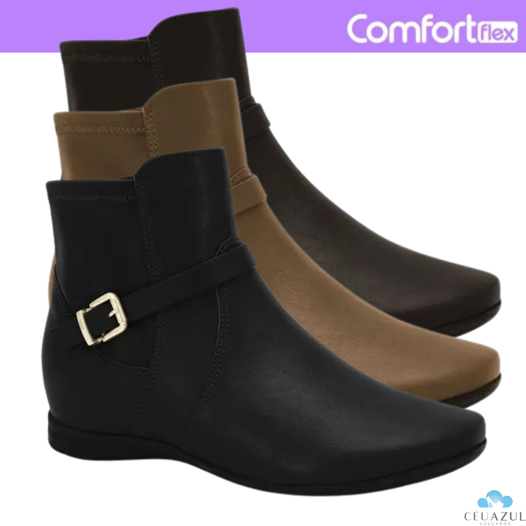 Bota Feminina Comfortflex Cano Baixo Fivela Confortável Elástico Zíper
