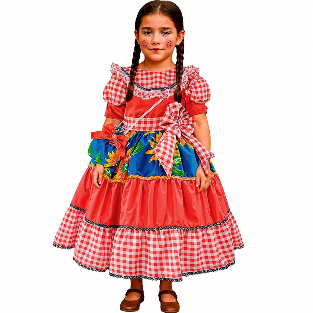 Vestido Festa Junina Infantil de Luxo Xadrez Vermelho Longo com Bolsa