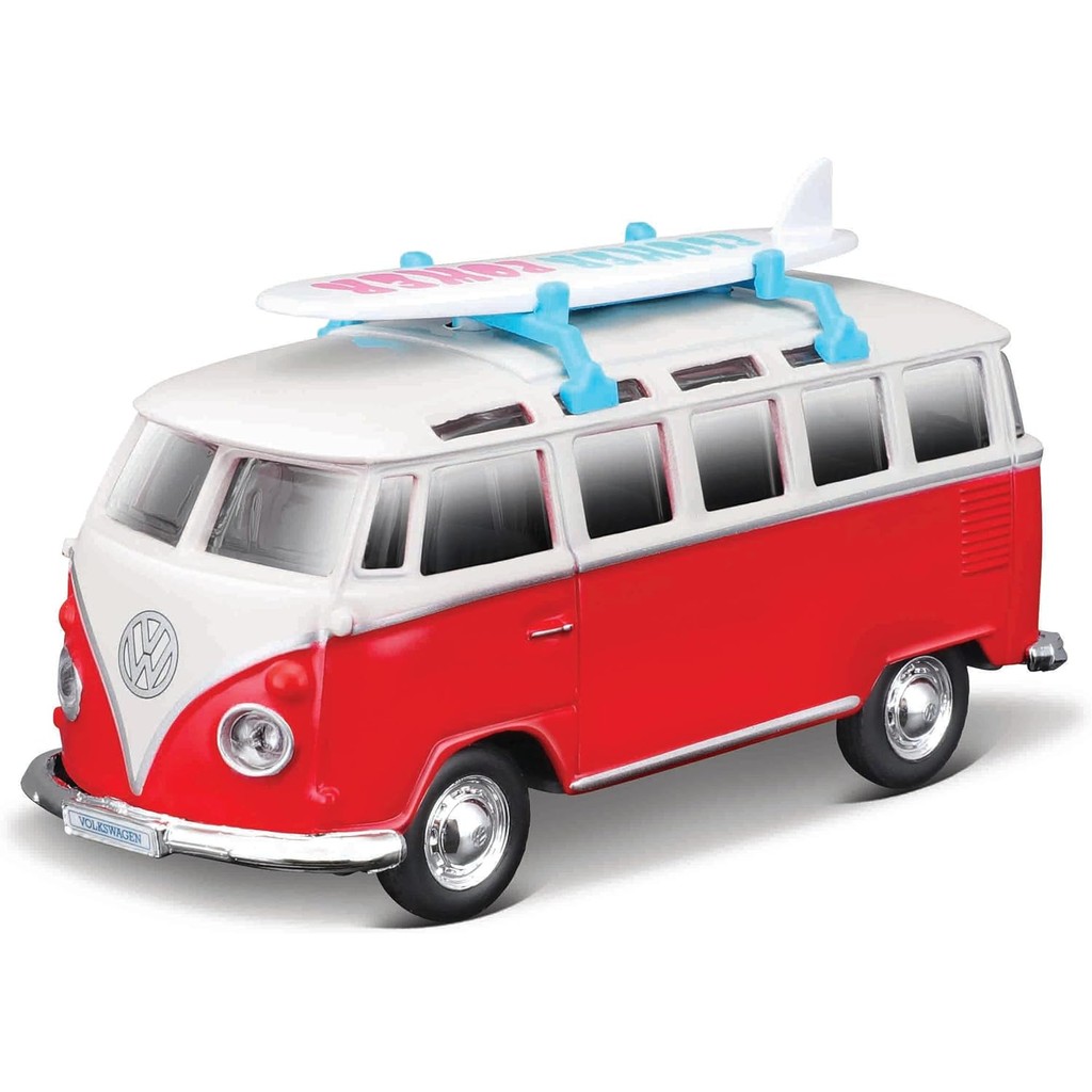 Miniatura Maisto Weekenders Volkswagen Samba (KOMBI) vermelha com prancha de surf 1/40