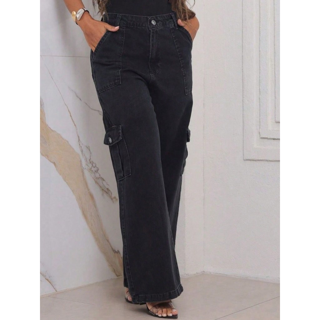 Calça Jeans Cargo wide leg Cintura Alta Bolso Com Aba