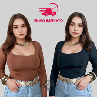Blusa Feminina Básica Suplex Premium Decote Gola Quadrado Manga Longa Moda Inverno Frio Tendencia Elegante Dia a Dia em Oferta na Shopee
