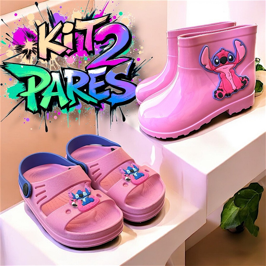 Kit 2 Pares Galocha e Sandália Papete Infantil Menina Confortável e Anti-Derrapante Stitch