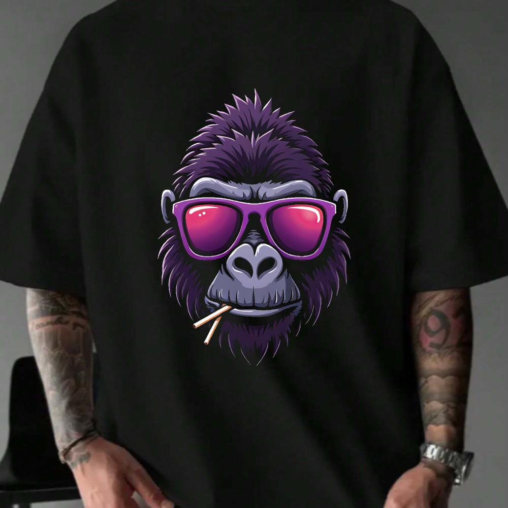 Camiseta Masculina Gorila com Óculos de Sol e Cigarro Streetwear 2025 Novo