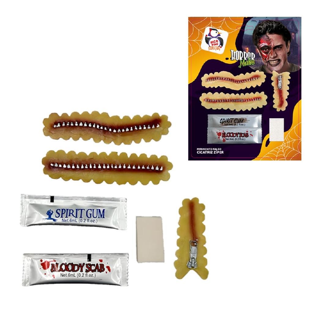 Kit Cicatriz Zíper Halloween com Sangue Falso e Cola Corporal