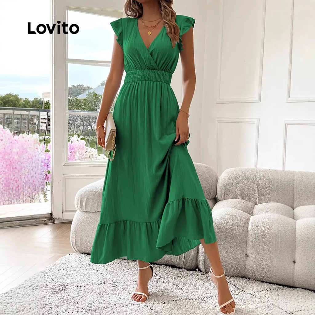 Lovito Vestido Casual Liso Em Camadas Com Babados Na Bainha Primavera/Verão Verde Para Mulheres LNL103528 - Women Clothes