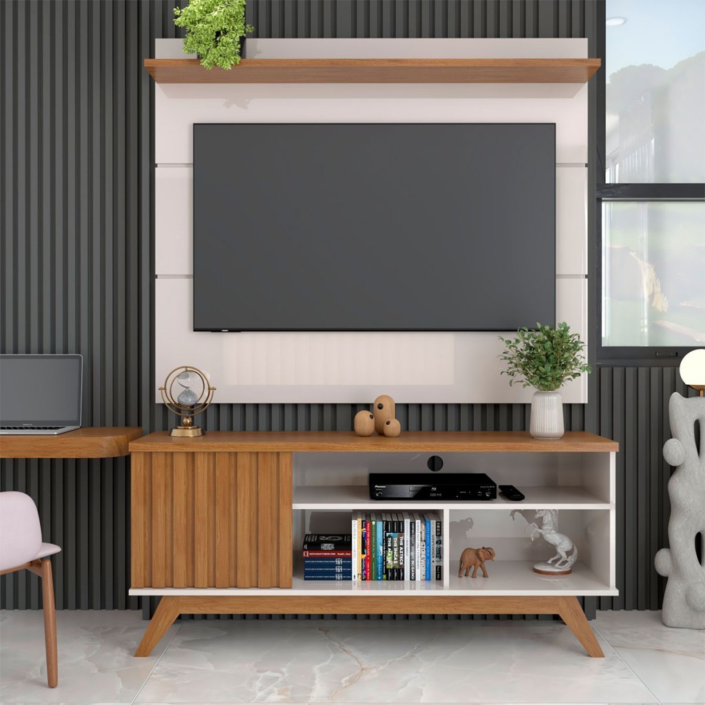 Rack com Painel para TV Até 55 Polegadas Luxe 1 Porta 1 Prataleira Off White/Freijó - Panorama Móveis em Oferta na Shopee