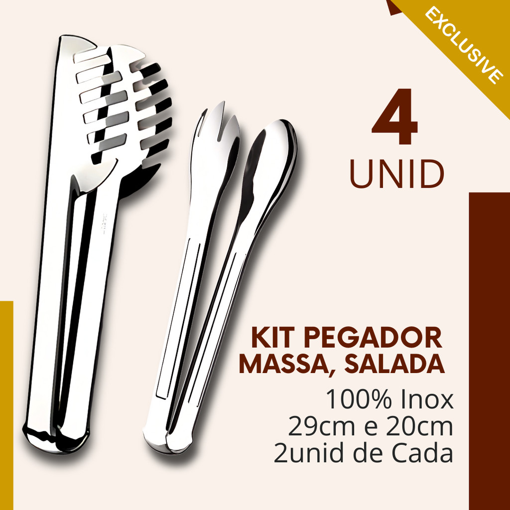 Kit 4 - Pegador de Massa e Salada Aço Inox para Servir Macarrão Cozinha Restaurante e Buffet