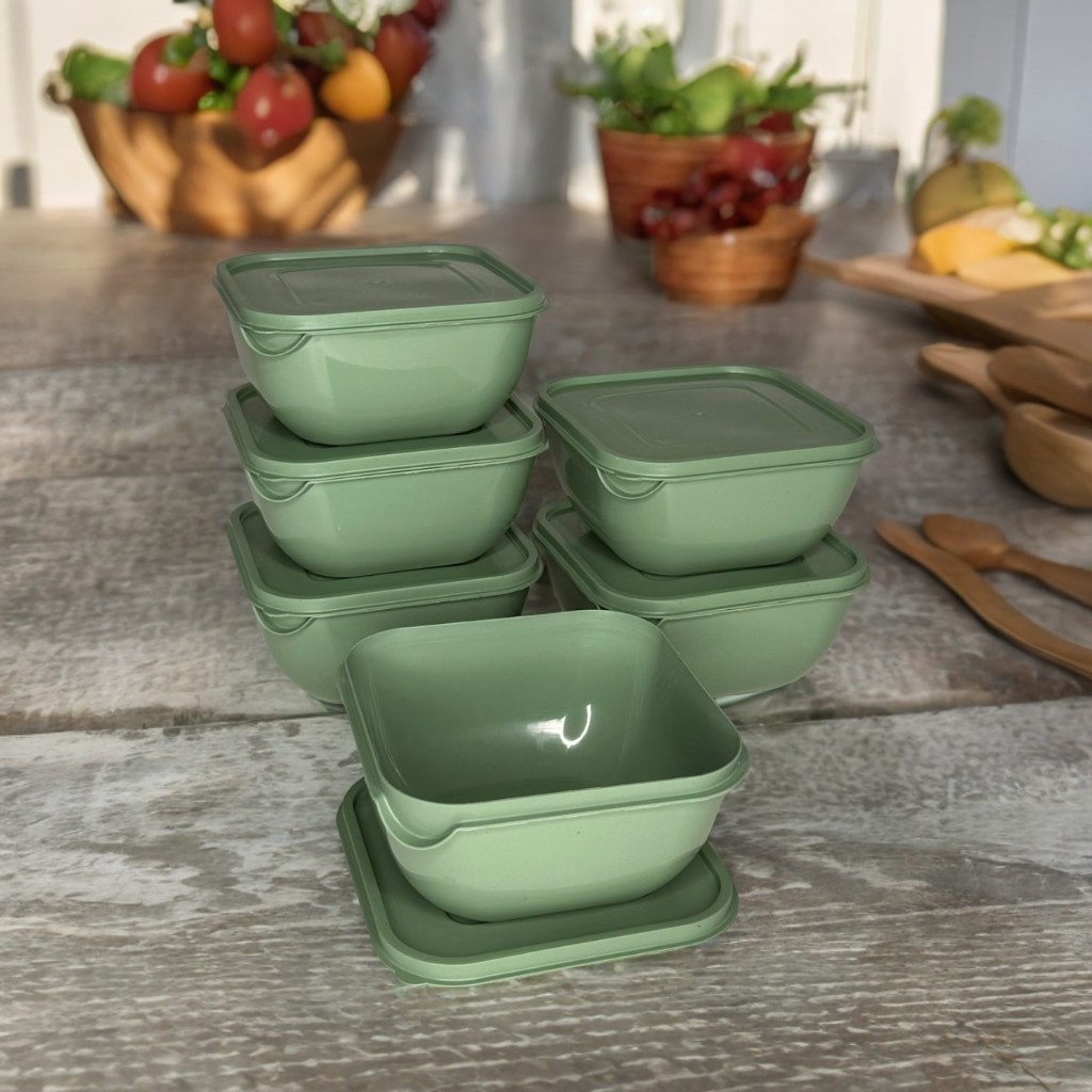 Kit 6 Potes Plásticos Verdes 1 Litro Com Tampa Quadrado Refeição Marmita Vasilha Freezer Micro-ondas