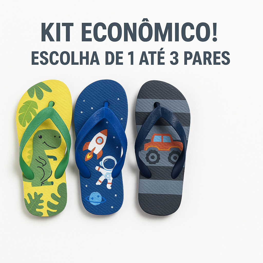 Kit Chinelo Infantil Menino 3 Pares com Estampas Divertidas Macio Leve e Confortável