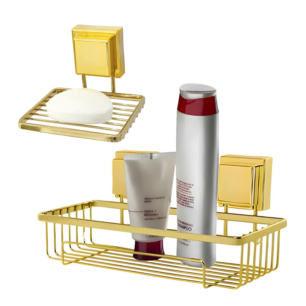 Kit Banheiro Suporte Porta Shampoo Saboneteira Ventosa Dourado - Future