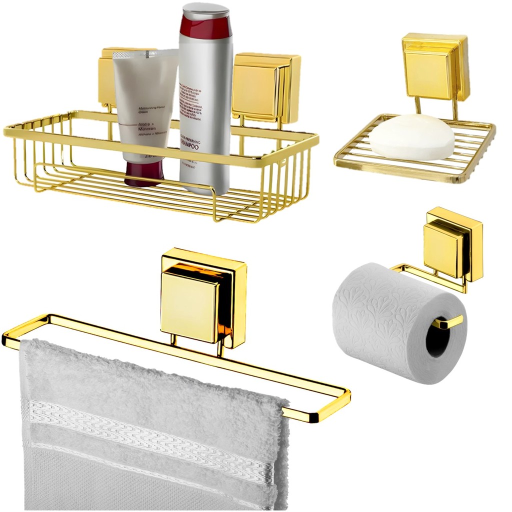 Kit Banheiro Suporte Porta Shampoo Papel Higiênico Saboneteira Toalheiro 25cm Ventosa Dourado Future