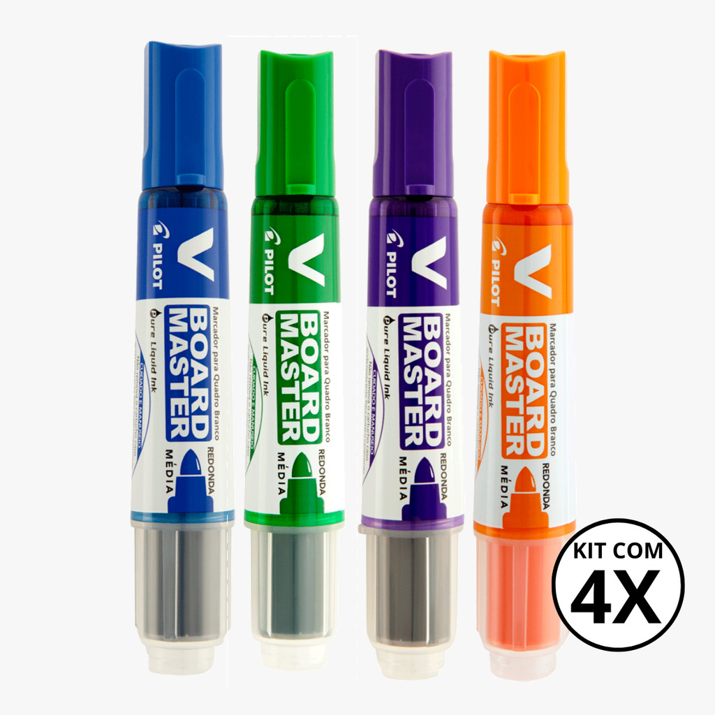 Kit com 4 Marcadores Para Quadro Branco V Board Master - PILOT KITS:AZUL+VERDE+VIOLETA+LARANJA