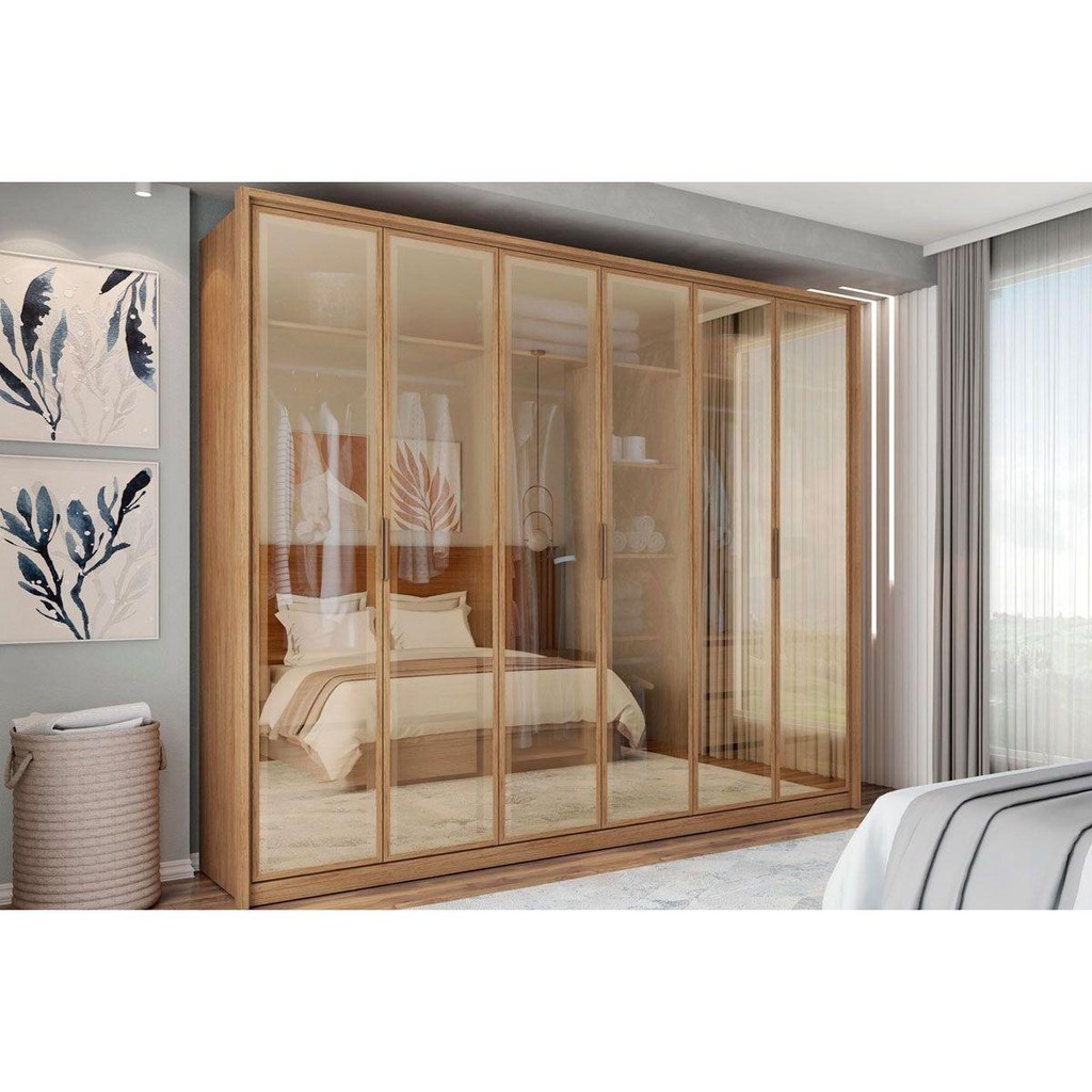 Guarda Roupa Casal 6 Portas e 4 Gavetas c/ Vidro Reflecta Reflex Buriti - Caemmun em Oferta na Shopee