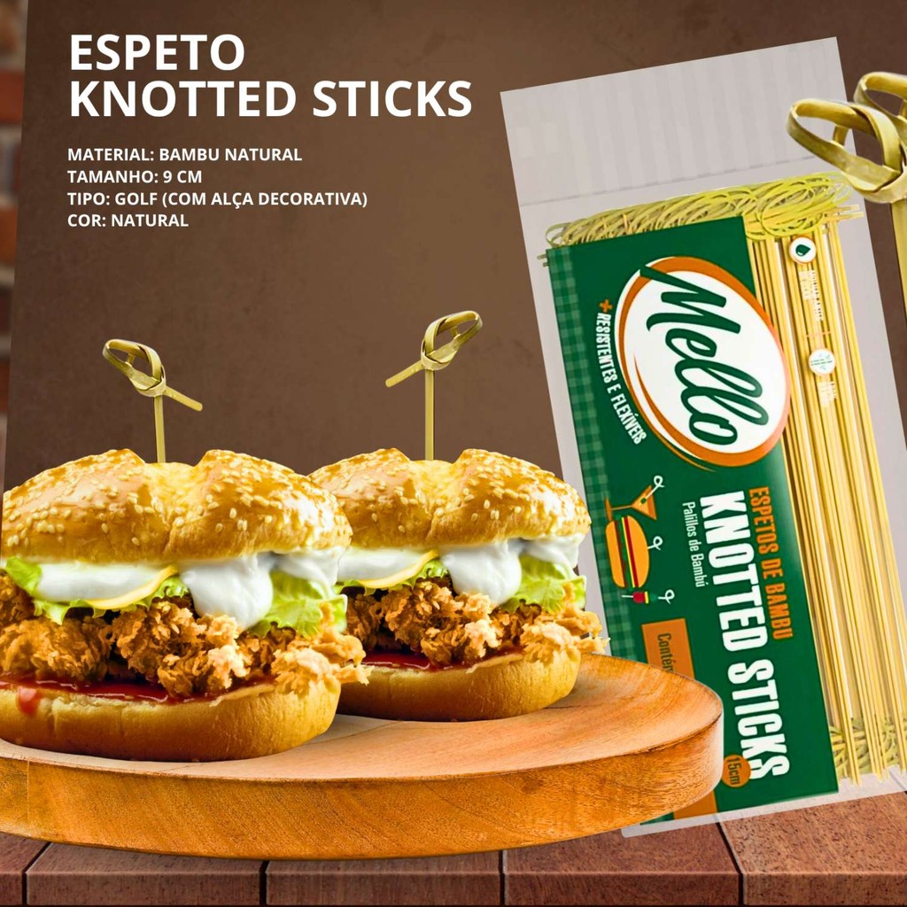 Kit 50 Espetos Espetinho Palito De Bambu 9cm Com Nó Decorativo Festa Aperitivo Knotted Sticks Lanche