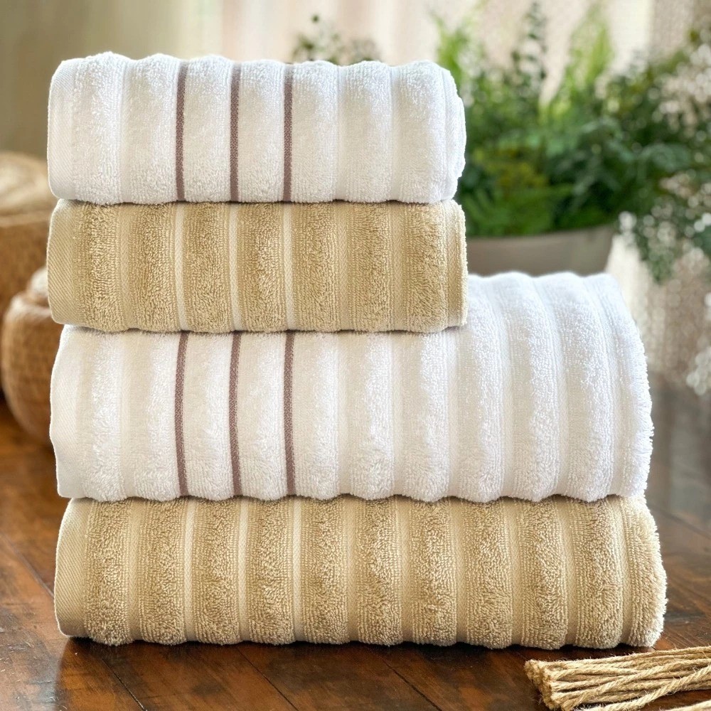 Jogo De Toalhas De Banho e Rosto 4 Pçs Ondulado Wave Algodão Branco e Bege Corttex