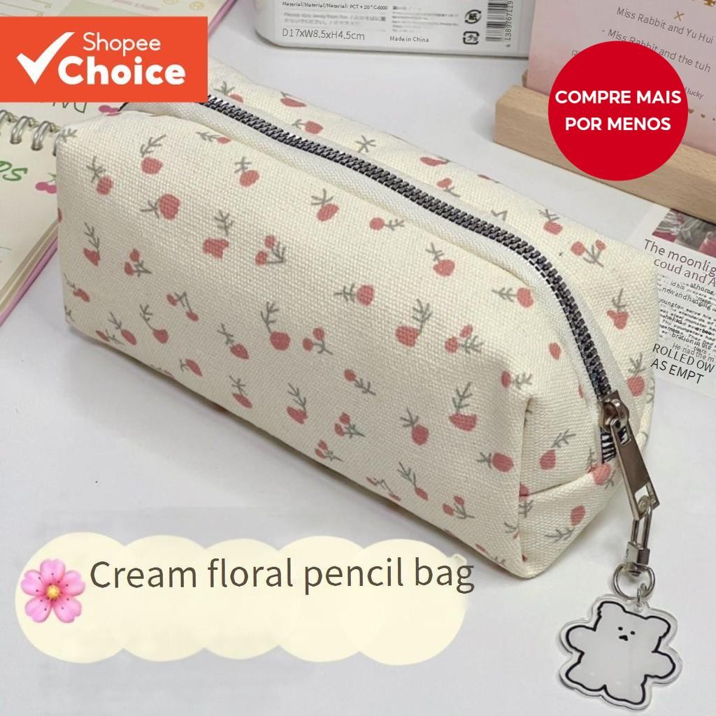 Creme Floral Flor Caneta Saco Grande Capacidade Caso De Lápis De Maquiagem Estudante Armaz...